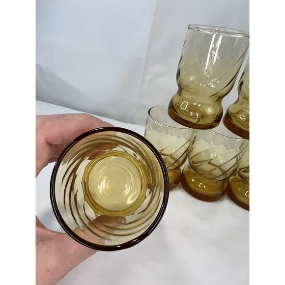 7 Of Vtg 70S Libbey Amber Drinking Glasses‎ MCM Swirled Ringed Bottom 8 Oz Glass - Picture 5 of 6
